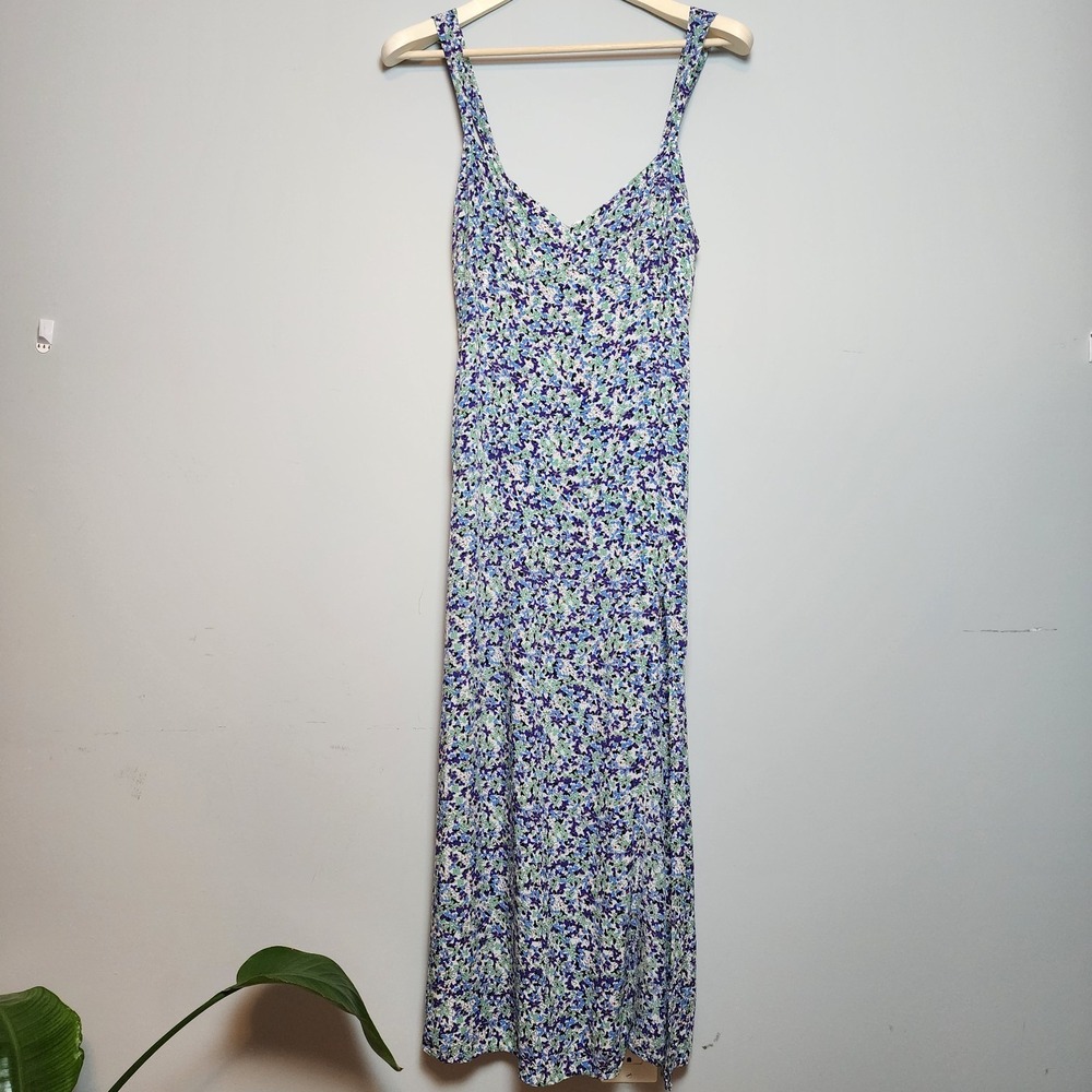Zara Blue Micro Floral Slit Sleeveless Slip Midi Dress